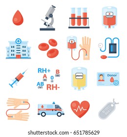 Blood Donor Icon Set, Products For Transfusions, Plasma Or Platelet Donation Campaign, Volunteer Program. Vector Flat Style Illustration Isolated On White Background