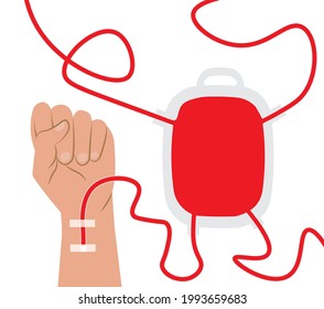 Blood Donor, Plasma Transfusion. Tubes From Hand To Container. Blood Plasma Collection Technology. International Blood Donor Day. Charity, Donations, Help, Save Lives. Medical Support, Volunteer