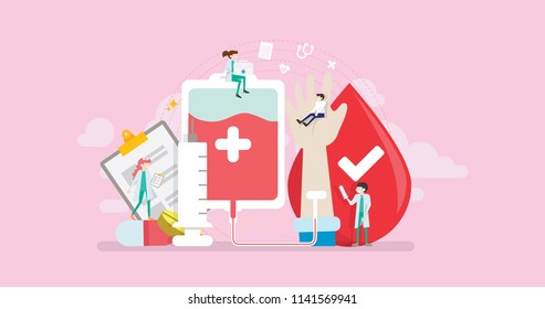 Blood Donor Tiny People Character Concept Vector Illustration, Suitable For Wallpaper, Banner, Background, Card, Book Illustration, And Web Landing Page