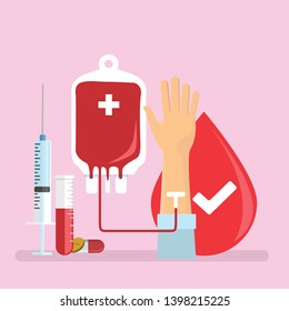 Blood Donor Tiny People Character Concept Vector Illustration, Suitable For Wallpaper, Banner, Background, Card, Book Illustration, And Web Landing Page - Vector