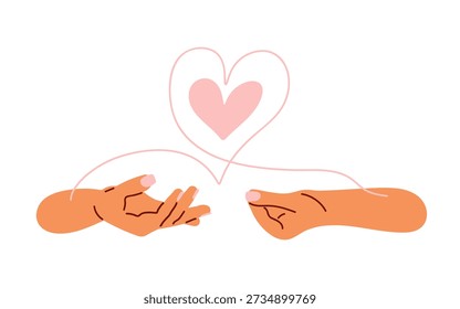 Donante de sangre. Dos manos conectadas por un tubo de transfusión de sangre en forma de corazón. Ilustración vectorial de estilo doodle a mano alzada de color para donación, ayuda, concepto de conexión para el Día Mundial del Donante de Sangre