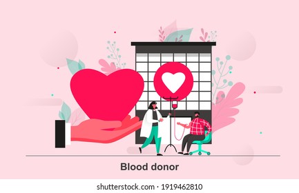 Diseño web de donantes de sangre en estilo plano. Hombre sentado en la silla y donando imágenes de escena sanguínea. Centro médico donante de sangre. Ilustración de vectores con personajes de personas diminutas en situación de vida