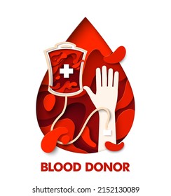 Blood Donor World Day Papercut Vector Poster. Anemia, Leukemia Or Leukemia Treatment, Plasma Donation Concept. Drop With Hand 3d Design