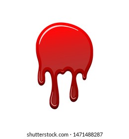 Blood drip 3D. Drop blood isloated white background. Happy Halloween decoration design. Red splatter stain splash spot, horror blot. Bleeding bloodstain scare texture. Liquid paint Vector illustraton
