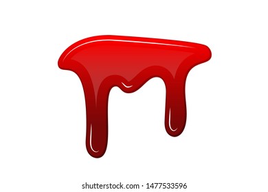 Blood drip 3D. Drop blood isloated white background. Happy Halloween decoration design. Red splatter stain splash spot, horror blot. Bleeding bloodstain scare texture. Liquid paint Vector illustraton