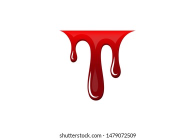 Blood drip 3D. Drop blood isloated white background. Happy Halloween decoration design. Red splatter stain splash spot, horror blot. Bleeding bloodstain scare texture. Liquid paint Vector illustraton