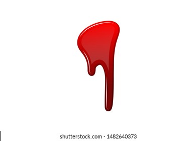 Blood drip 3D. Drop blood isloated white background. Happy Halloween decoration design. Red splatter stain splash spot, horror blot. Bleeding bloodstain scare texture. Liquid paint Vector illustraton