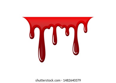 Blood drip 3D. Drop blood isloated white background. Happy Halloween decoration design. Red splatter stain splash spot, horror blot. Bleeding bloodstain scare texture. Liquid paint Vector illustraton