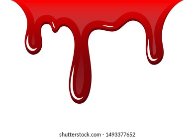 Blood drip 3D. Drop blood isloated white background. Happy Halloween decoration design. Red splatter stain splash spot, horror blot. Bleeding bloodstain scare texture. Liquid paint Vector illustraton