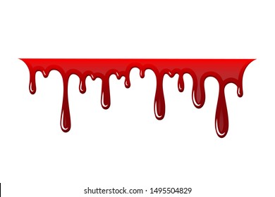 Blood drip 3D. Drop blood isloated white background. Happy Halloween decoration design. Red splatter stain splash spot, horror blot. Bleeding bloodstain scare texture. Liquid paint Vector illustraton