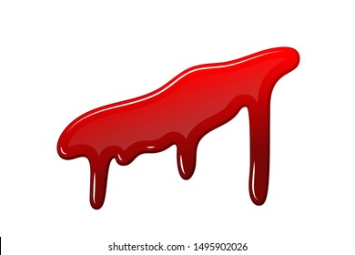 Blood drip 3D. Drop blood isloated white background. Happy Halloween decoration design. Red splatter stain splash spot, horror blot. Bleeding bloodstain scare texture. Liquid paint Vector illustraton
