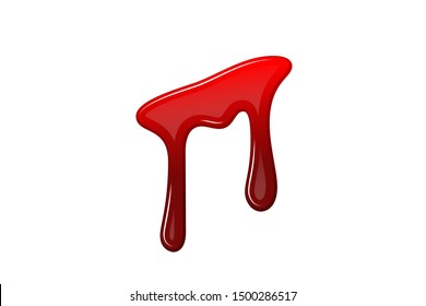 Blood drip 3D. Drop blood isloated white background. Happy Halloween decoration design. Red splatter stain splash spot, horror blot. Bleeding bloodstain scare texture. Liquid paint Vector illustraton