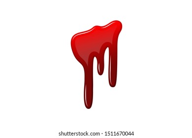 Blood drip 3D. Drop blood isloated white background. Happy Halloween decoration design. Red splatter stain splash spot, horror blot. Bleeding bloodstain scare texture. Liquid paint Vector illustraton