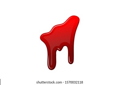 Blood drip 3D. Drop blood isloated white background. Happy Halloween decoration design. Red splatter stain splash spot, horror blot. Bleeding bloodstain scare texture. Liquid paint Vector illustraton