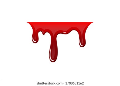 Bluttropfen 3D. Blut fallen einzeln auf weißem Hintergrund. Fröhliches Halloween-Dekorationsdesign. Roter Fleck Fleck Splash Fleck, Horrorfleck. Blutung Blutflutfleck Angst Textur. Illustration zur Vektorillustration von Flüssigfarben