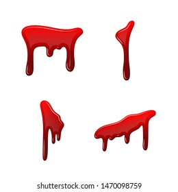 Blood drip 3D set. Drop blood isloated white background. Happy Halloween decoration design. Red splatter stain, splash spot, horror blot. Bleeding bloodstain texture. Liquid paint Vector illustraton
