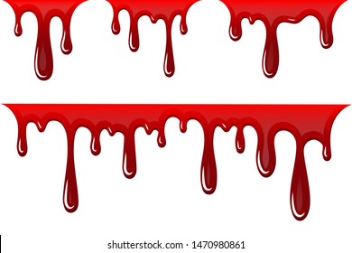 Blood Drip 3D Set. Drop Blood Isloated White Background. Happy Halloween Decoration Design. Red Splatter Stain, Splash Spot, Horror Blot. Bleeding Bloodstain Texture. Liquid Paint Vector Illustraton