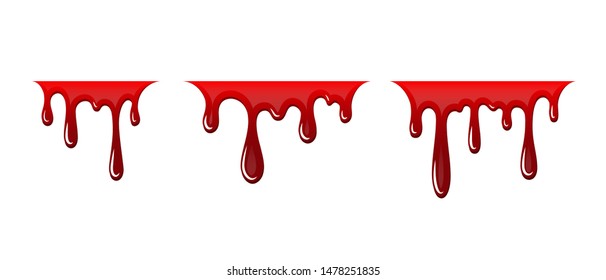 Blood drip 3D set. Drop blood isloated white background. Happy Halloween decoration design. Red splatter stain, splash spot, horror blot. Bleeding bloodstain texture. Liquid paint Vector illustraton
