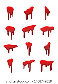 Blood drip 3D set. Drop blood isloated white background. Happy Halloween decoration design. Red splatter stain, splash spot, horror blot. Bleeding bloodstain texture. Liquid paint Vector illustraton