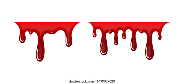Blood drip 3D set. Drop blood isloated white background. Happy Halloween decoration design. Red splatter stain, splash spot, horror blot. Bleeding bloodstain texture. Liquid paint Vector illustraton
