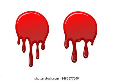 Blood drip 3D set. Drop blood isloated white background. Happy Halloween decoration design. Red splatter stain, splash spot, horror blot. Bleeding bloodstain texture. Liquid paint Vector illustraton