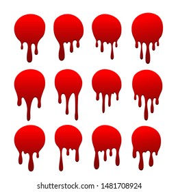 Blood drip set. Drop blood isloated white background. Happy Halloween decoration design. Red splatter stain splash spot, horror blot. Bleeding bloodstain scare texture. Liquid paint Vector illustraton
