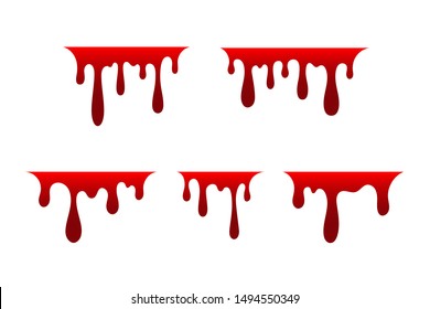 Blood drip set. Drop blood isloated white background. Happy Halloween decoration design. Red splatter stain splash spot, horror blot. Bleeding bloodstain scare texture. Liquid paint Vector illustraton