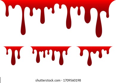 Blood drip set. Drop blood isloated white background. Happy Halloween decoration design. Red splatter stain splash spot, horror blot. Bleeding bloodstain scare texture. Liquid paint Vector illustraton