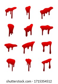 Bluttropfsatz. Blut fallen einzeln auf weißem Hintergrund. Fröhliches Halloween-Dekorationsdesign. Roter Fleck Fleck Splash Fleck, Horrorfleck. Blutung Blutflutfleck Angst Textur. Illustration zur Vektorillustration von Flüssigfarben