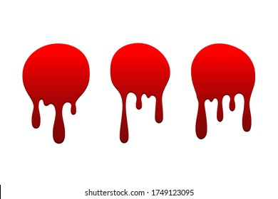 Blood drip set. Drop blood isloated white background. Happy Halloween decoration design. Red splatter stain splash spot, horror blot. Bleeding bloodstain scare texture. Liquid paint Vector illustraton