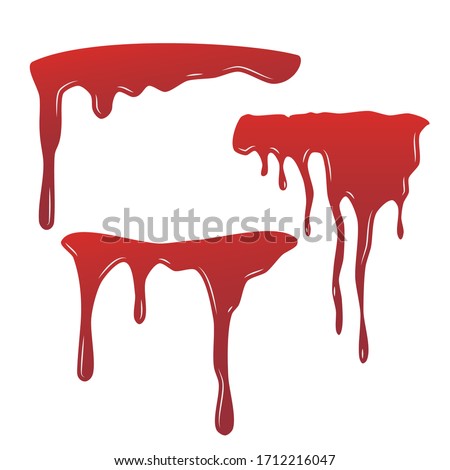 Blood drip set. Drop blood isloated white background. Happy Halloween decoration design. Red splatter stain splash spot, horror blot. Bleeding bloodstain scare texture. Liquid paint 