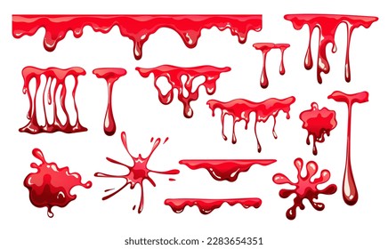 Blood drip splatter drop vampire bloodstain realistic isolated set. Vector graphic design illustration
