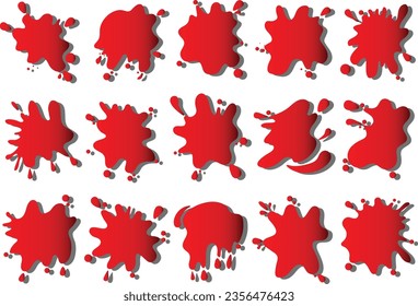 Juego de manchas de goteo sanguíneo. Sangre roja, colección de manchas de corriente roja. Las formas decorativas son líquidos. Estribillos, gotas, salpicaduras de dibujos animados. Colección de manchas. Ilustración vectorial aislada