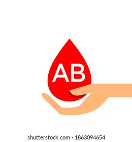 Blood drop AB type on hand for icon, clip art red blood drop, Blood AB type, Drop blood in hand symbol isolated on white