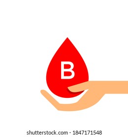 Blood drop B type on hand for icon, clip art red blood drop, Blood B type, Drop blood in hand symbol isolated on white