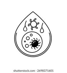 Ilustração de Gota de Sangue com Células e Patógenos em Preto e Branco - Símbolo de Arte de Linha Mínima para Hematologia, Imunologia e Pesquisa Médica