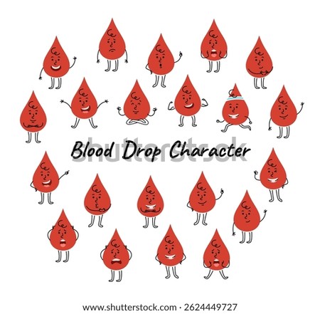Blood drop character with different facial expression, body posture. Happy, surprised, smiling, pointing, running, or showing other emotions and actions. Cute hand drawn doodle kids friendly character