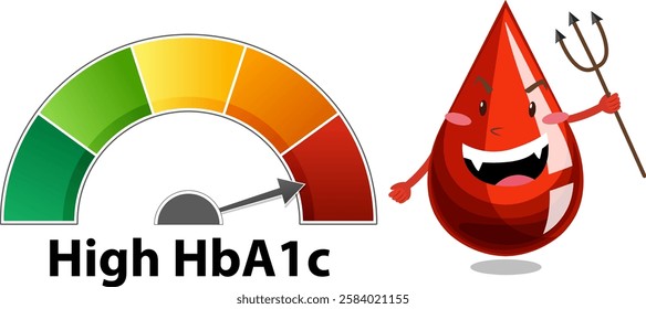 Blood drop character with high HbA1c gauge