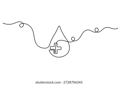 Blood drop continuous one line drawing and minimalist style isolated outline vector illustration