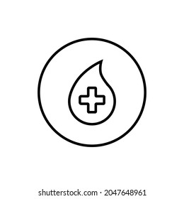 Blood drop with cross inside. Blood donation icon. Vector illustration isolated on white background. Thin line. Medical concept.