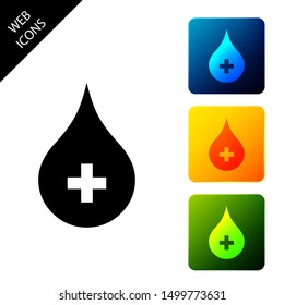 Blood drop icon isolated. Donate drop blood with cross sign. Donor concept. Set icons colorful square buttons. Vector Illustration