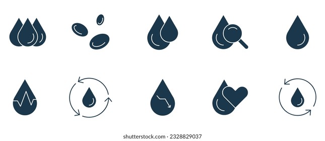 Juego de iconos de gota de sangre. recolección de los iconos de gota de sangre y gota de agua sólidos Vector