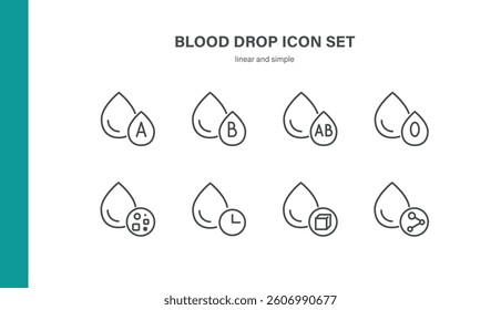 Blood Drop Icons Set. Linear Vector Illustrations of Blood Drop for Types A, B, AB, O, Glucose Level, Test Time, Lab Data, and Female Health Marker