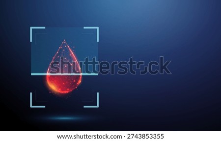 Blood drop inside digital scanning frame. Hematology analysis, blood composition examination, disease detection, infection screening, clinical diagnostics, medical testing concept. Futuristic. Vector