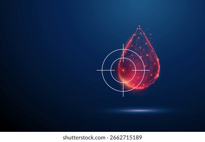 Blood drop inside target. Targeted blood diagnostics, precision blood analysis, personalized medicine, hematology testing, infection detection, medical research concept. Low poly digital style. Vector