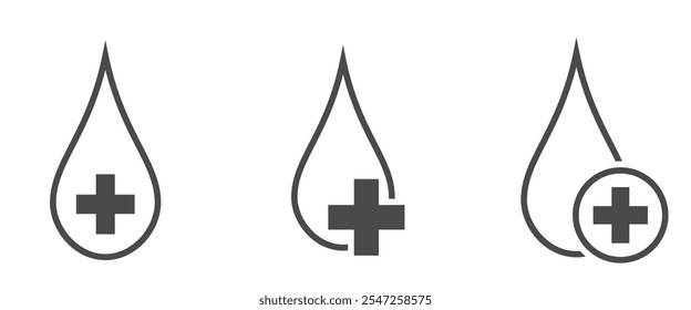 Conjunto de iconos de línea de gota de sangre. Símbolos médicos, de tratamiento y de donantes. Imágenes vectoriales aisladas en estilo simple