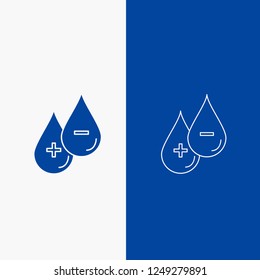 sangre, gota, líquido, Plus, Minus Line y Botón de Web de glifos en Anuncio de Vertical de color azul para UI y UX, Sitio web o aplicación móvil