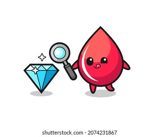 blood drop mascot is checking the authenticity of a diamond , cute style design for t shirt, sticker, logo element