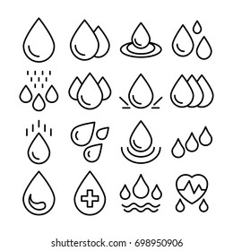 Blood Drop, Rain Drop, Water Drop Line Vector Icons Set