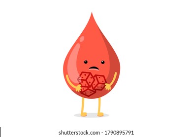 Blood drop sad sick character with sugar pieces inside. Testing blood glucose concept. Diabetes world day. Vector illustration